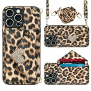 Illians for iPhone 16 Pro Max Wallet Case with Card Holders for Women, Classic Leopard Pattern with Love Diamond Decoration Crossbody Lanyard Protective Leather Purse Phone Case